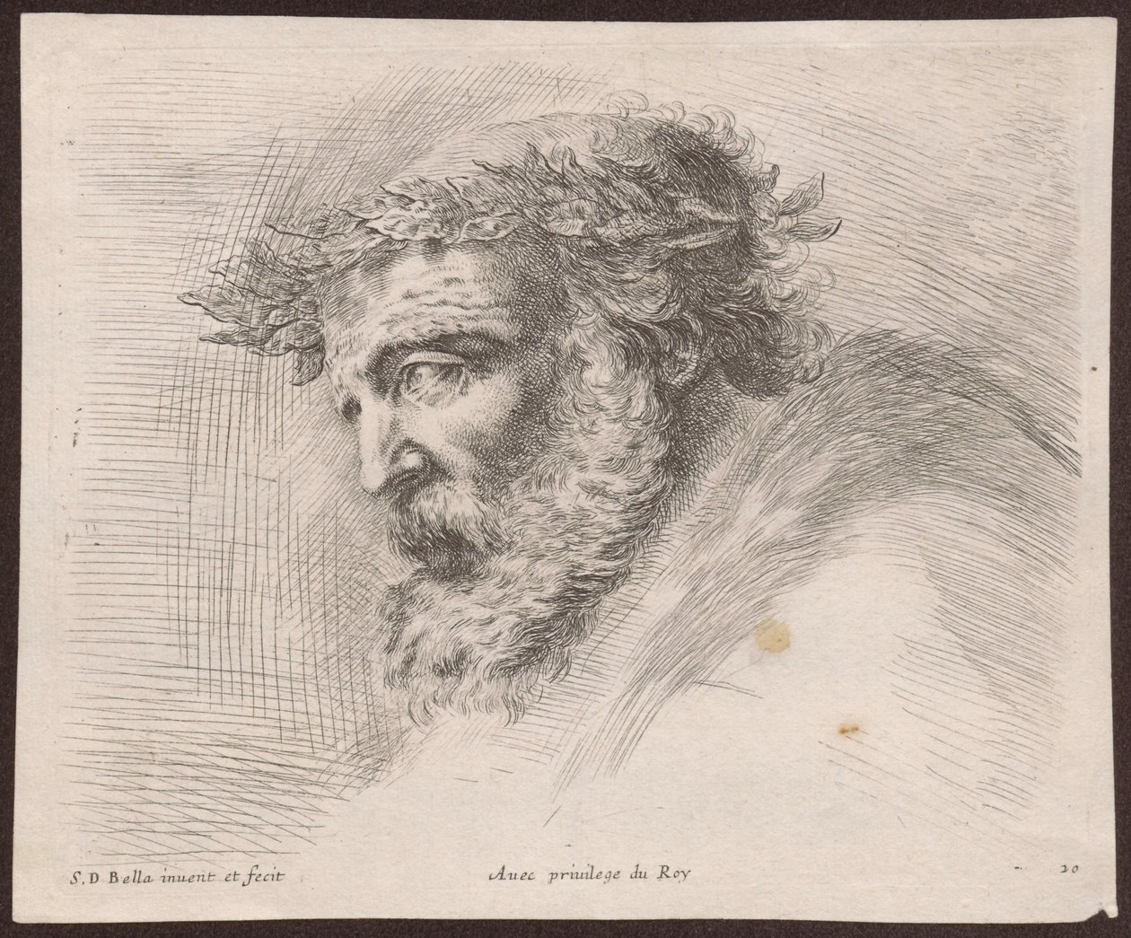 Studie av en skäggig gammal mans huvud i en lagerkrans, i profil, vänd åt vänster, ur serien ”Principii del disegno” av Stefano della Bella