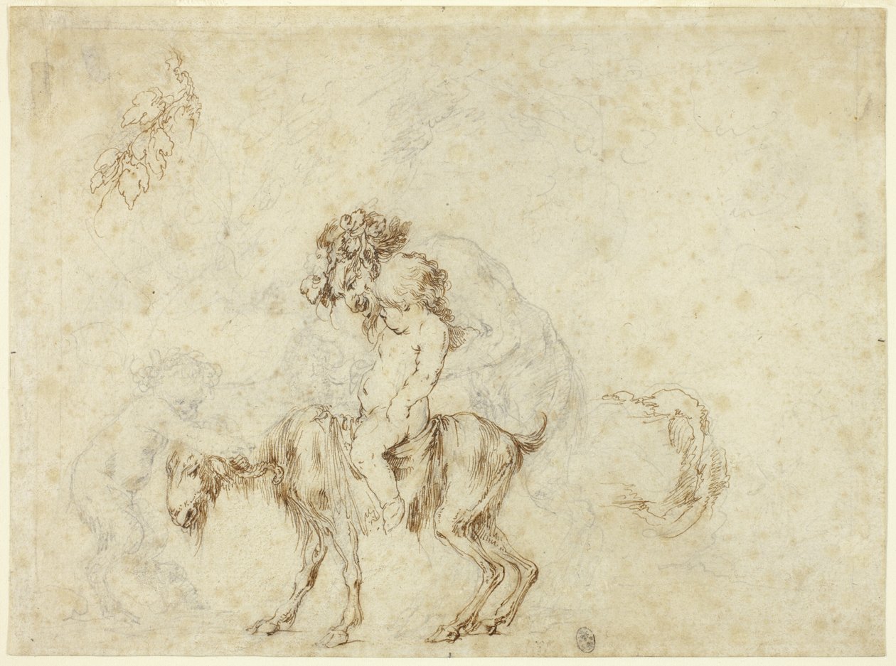 Studie för Satyr Family Walking (recto); Skisser av fem dekorativa kärl (verso) av Stefano della Bella