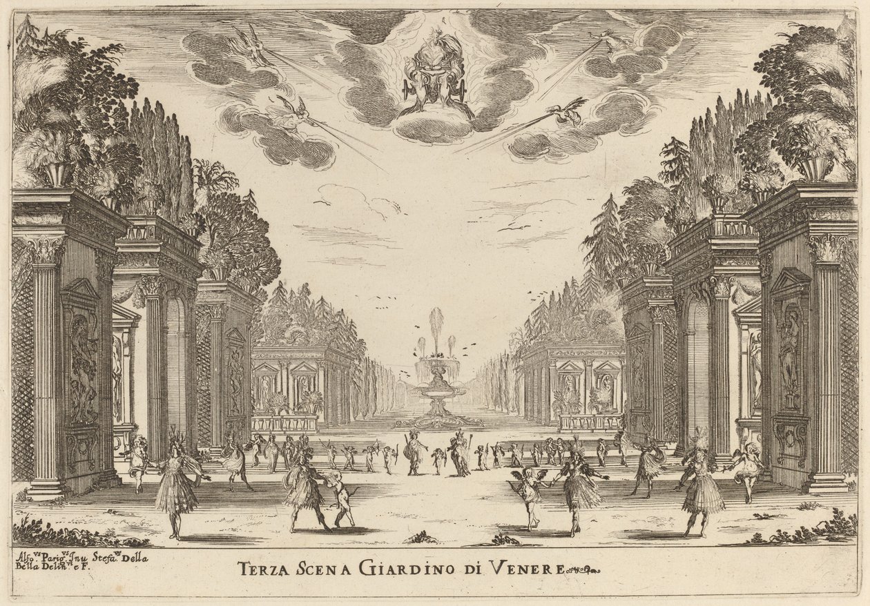 Tredje scenen Giardins of Venus av Stefano della Bella