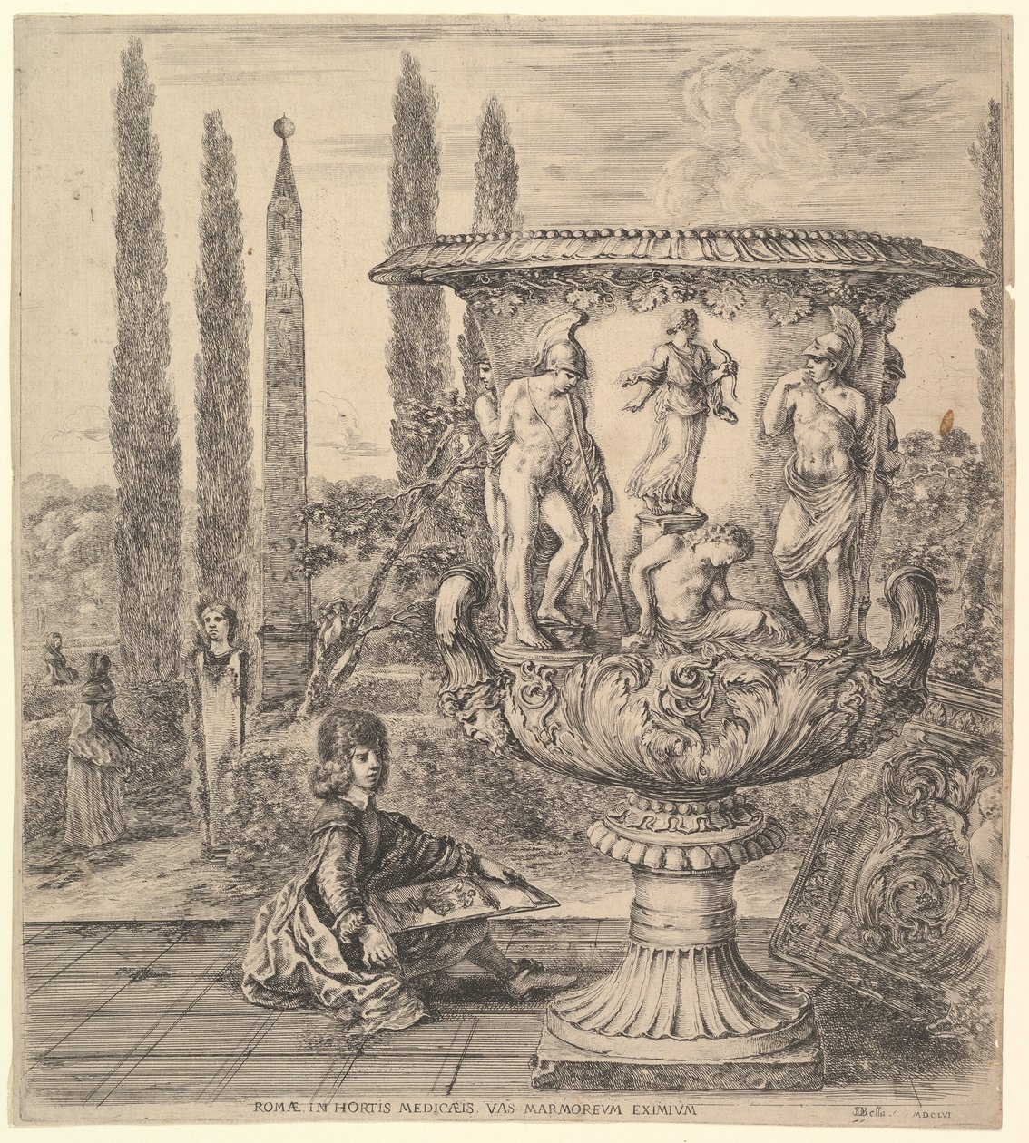 Medici-vasen, en stor vas till höger dekorerad med en representation av offret av..., 1656. av Stefano della Bella