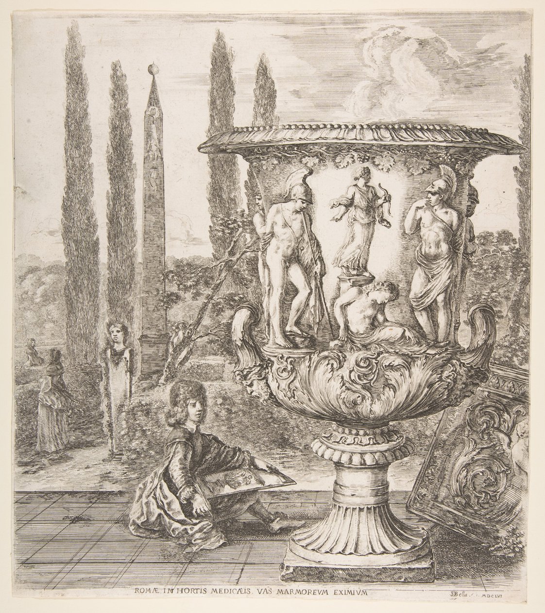 Medici-vasen, en stor vas till höger dekorerad med en representation av offret av..., 1656. av Stefano della Bella