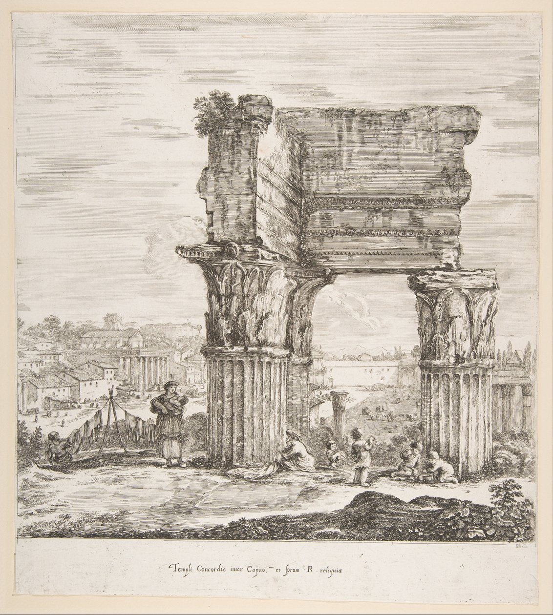 Vespasianustemplet och Forum Romanum, från sex stora vyer, fyra av Rom och två ..., 1656. av Stefano della Bella