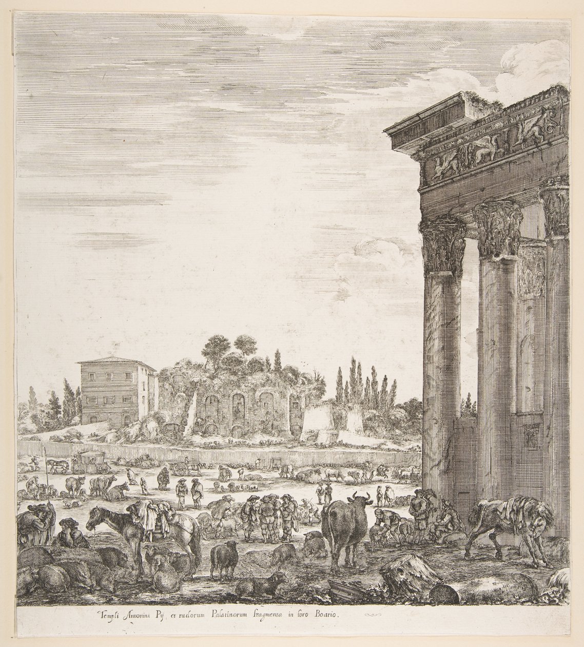Kolumnerna i Antoninustemplet till höger, en del av Campo Vaccino i mitten och..., 1656. av Stefano della Bella