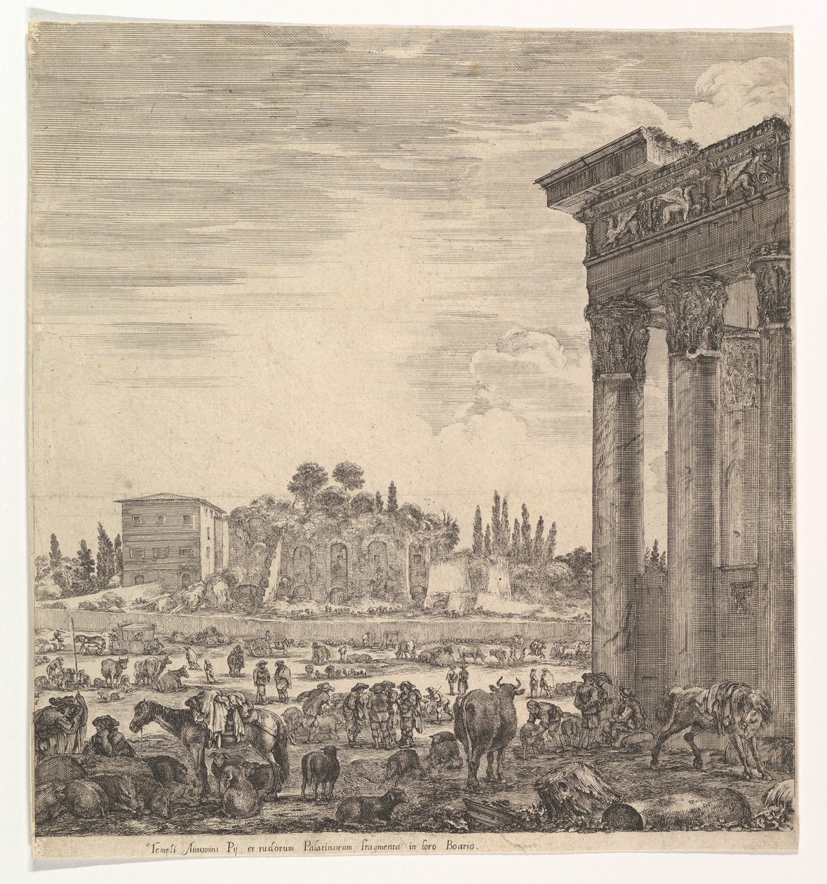 Kolumnerna i Antoninustemplet till höger, en del av Campo Vaccino i mitten och..., 1656. av Stefano della Bella