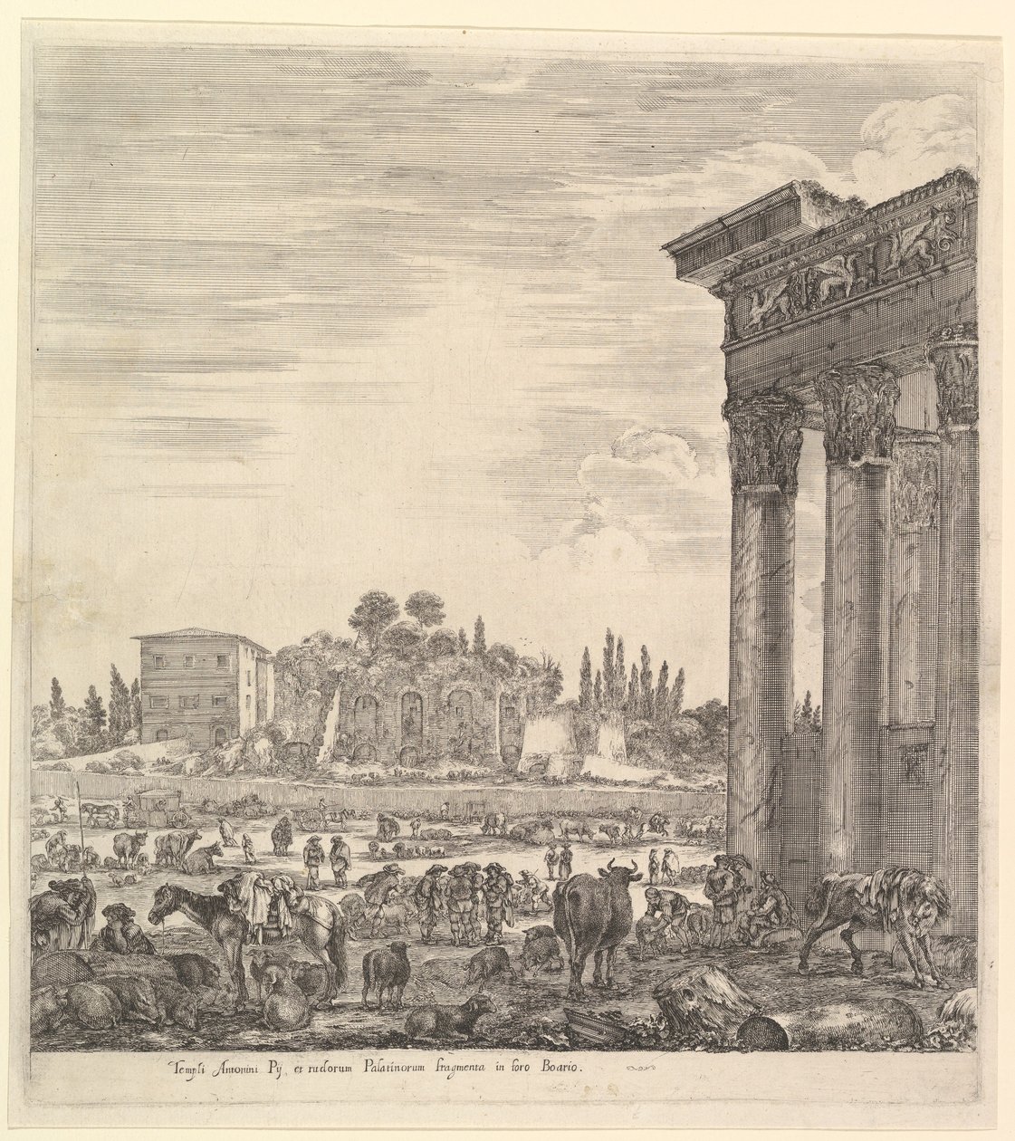 Kolumnerna i Antoninustemplet till höger, en del av Campo Vaccino i mitten och..., 1656. av Stefano della Bella