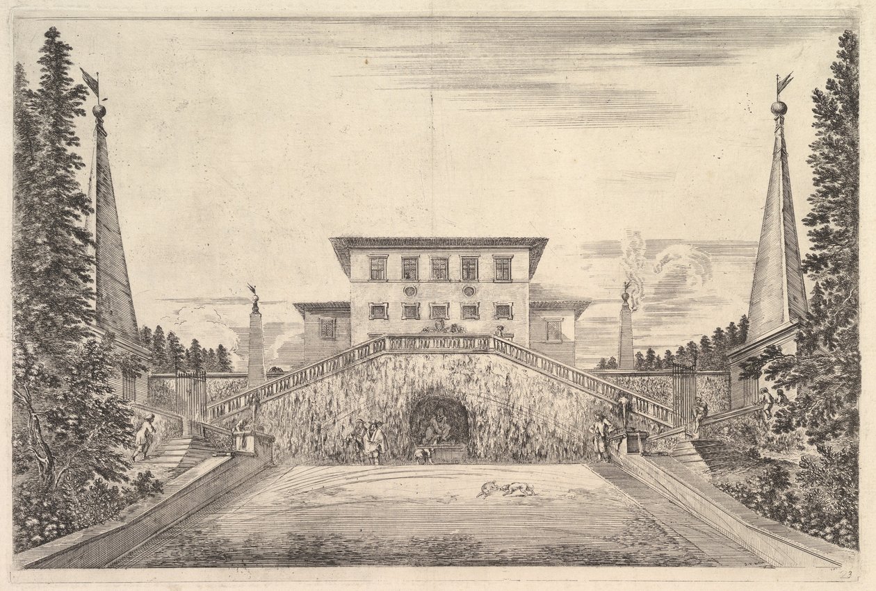 Villan i mitten flankerad av fyra obelisker, en trappa till vardera sidan, en staty i ..., ca. 1653. av Stefano della Bella