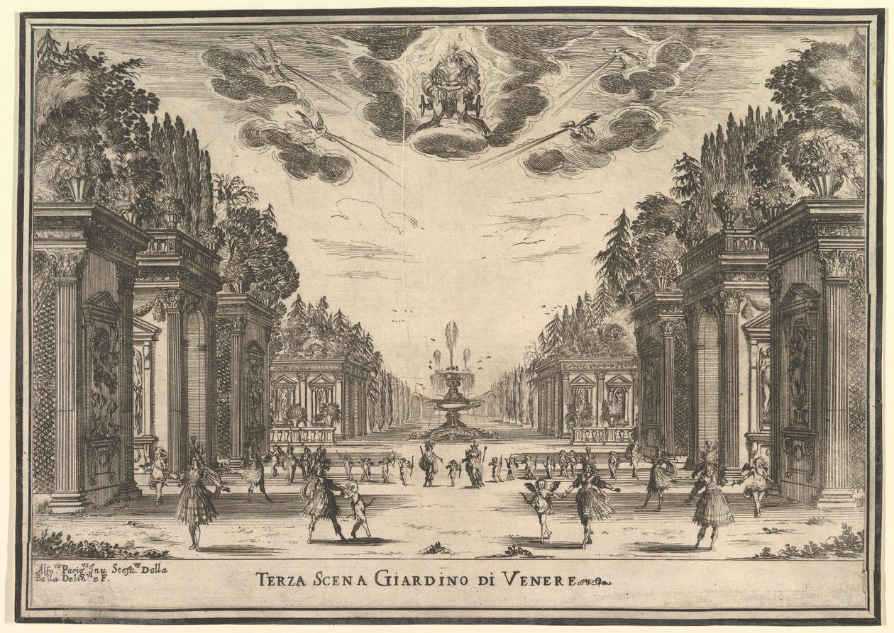 Tredje scenen, Venus trädgård, från "Gudarnas äktenskap" Le nozze degli Dei, 1637. av Stefano della Bella