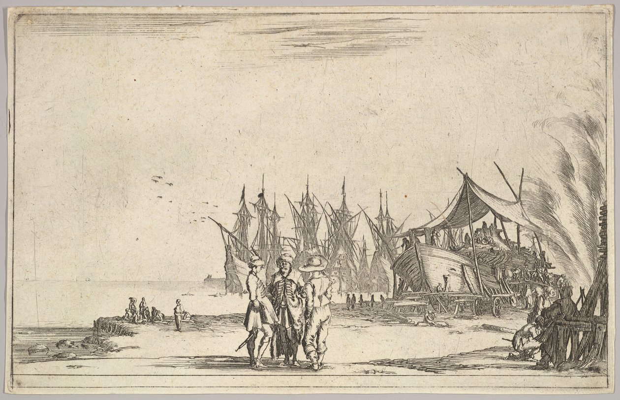 Tre män med hattar som står i mitten, män som fixar ett skepp till höger, fem skepp och vari..., 1639. av Stefano della Bella