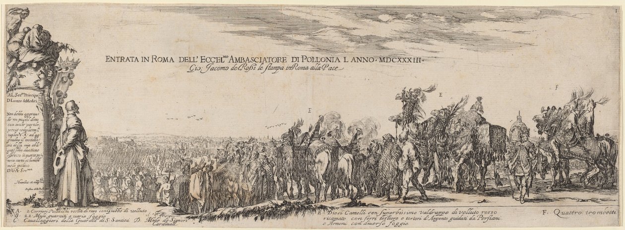 Titelsida för Hans Excellens den polske ambassadörens inträde i Rom, 1633. av Stefano della Bella