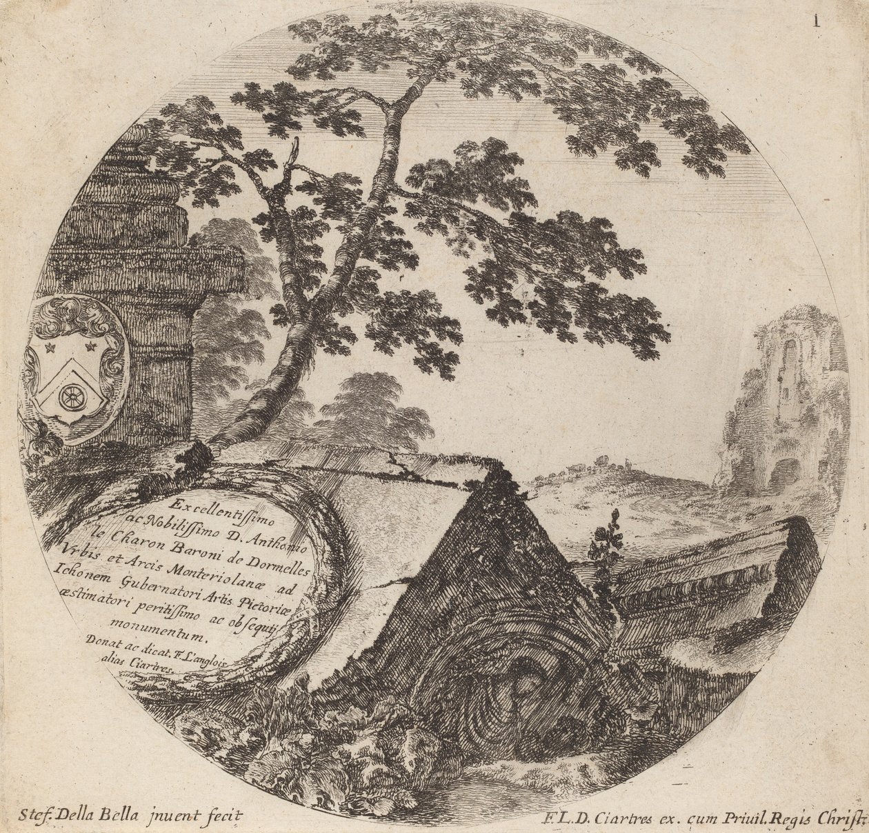 Titelsida för Roms landskap och ruiner, 1646. av Stefano della Bella