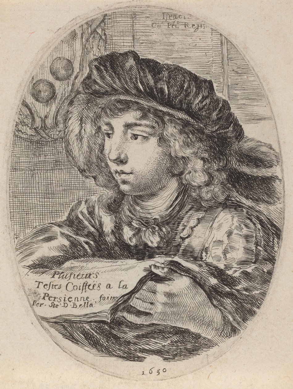 Titelsida för flera huvuden täckt med Louvren, 1650. av Stefano della Bella