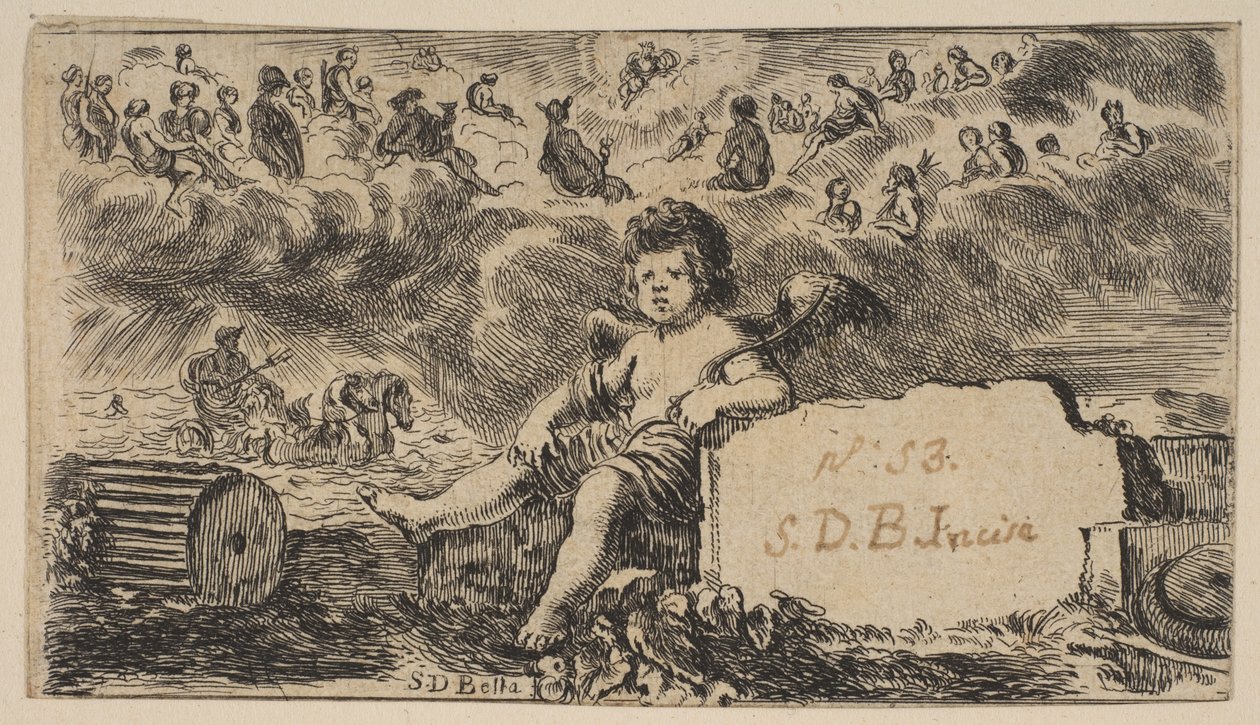 Titelsida: Cupid, från Game of Mythology Jeu de la Mythologie, 1644. av Stefano della Bella