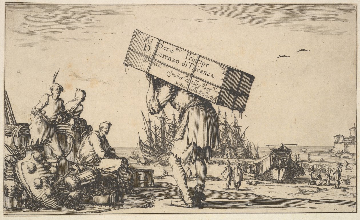 Titelsida: en man som bär ett fodral på ryggen i mitten, tre män tittar mot honom på ..., 1639. av Stefano della Bella