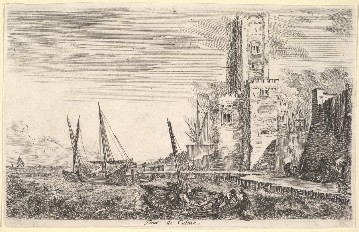 Tornet i Calais Tour de Calais, torn till höger, två fartyg i havet till vänster och i cent..., 1647. av Stefano della Bella