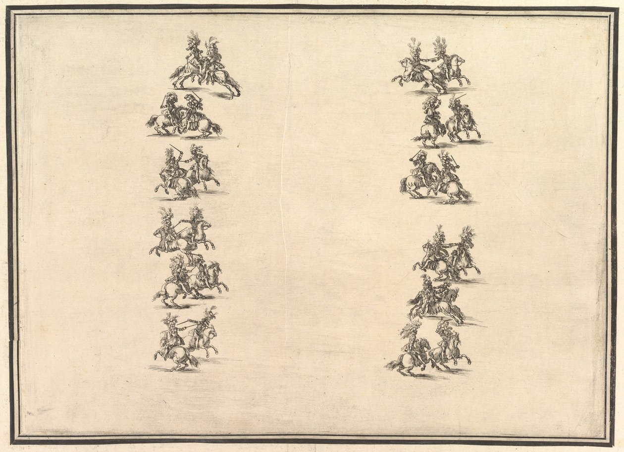 Tjugofyra ryttare som duellerar och bildar två kolonner, från La Gara delle Stagioni, 1652. av Stefano della Bella