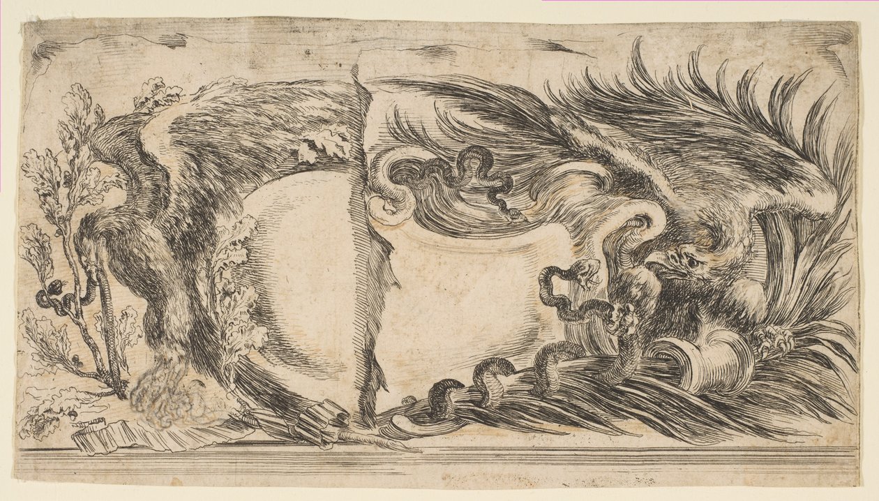 Två olika halvor av kartuscher som var och en visar en örn som slåss mot en orm, 1646. av Stefano della Bella