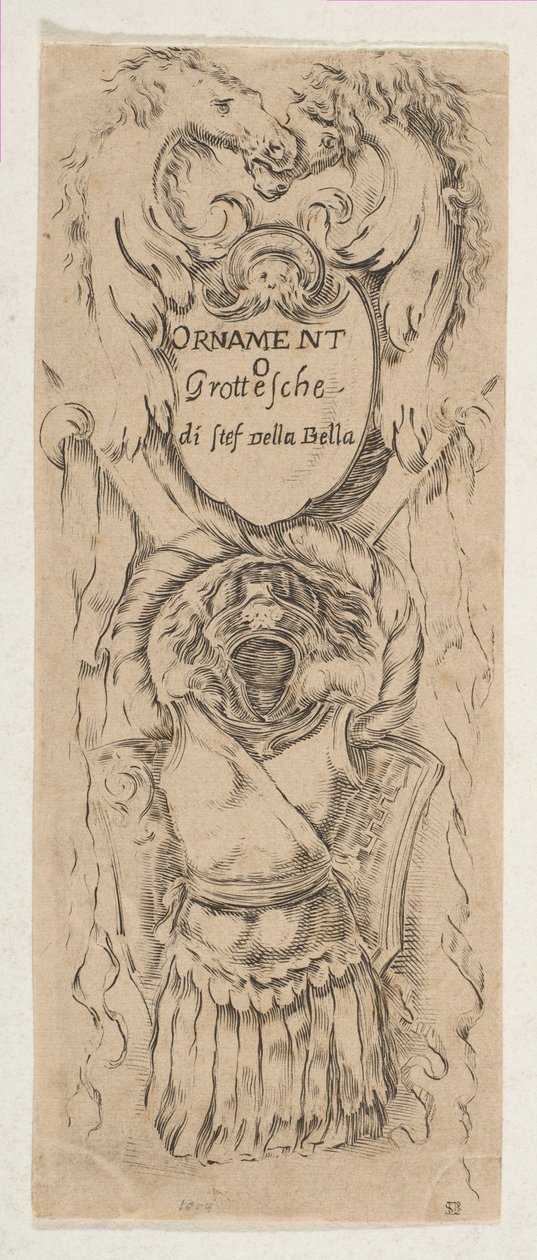 Två hästhuvuden som ramar in en sköld, ca. 1653. av Stefano della Bella