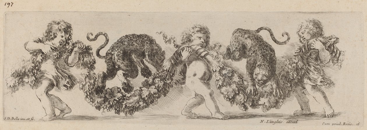 Två leoparder som hoppar en festong understödda av barn, troligen 1648. av Stefano della Bella