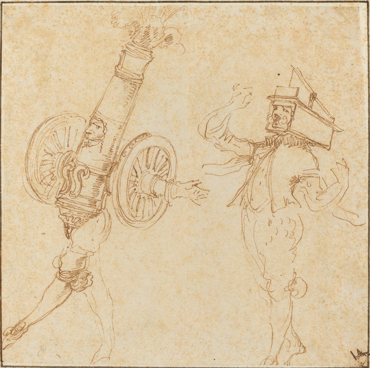 Två män i maskeraddräkter: en kanonskjutning och en katt i en musfälla, ca. 1645. av Stefano della Bella