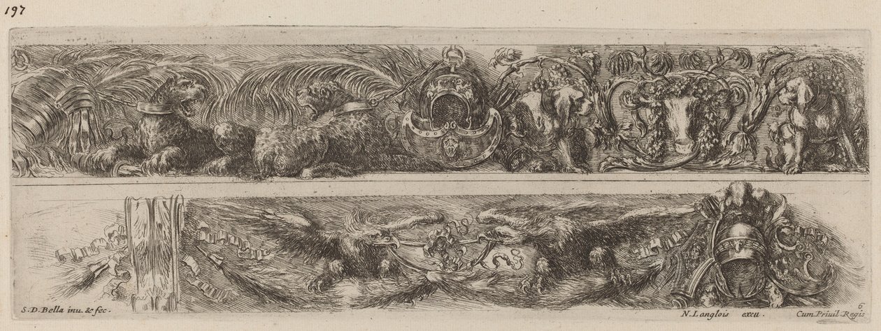 Två prydnadsband med kedjade leoparder och örnar, troligen 1648. av Stefano della Bella