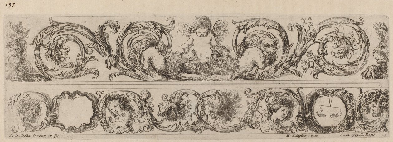 Två prydnadsband med Amor och Heads of the Four Seasons, troligen 1648. av Stefano della Bella