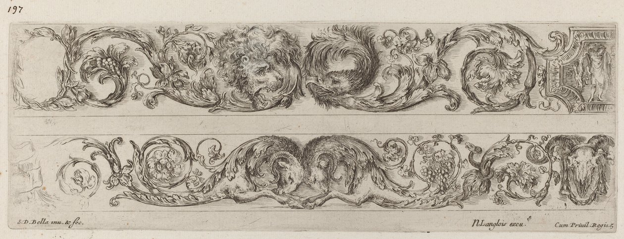 Två prydnadsband med vända huvuden av lejon och örn, och två baggar, troligen 1648. av Stefano della Bella