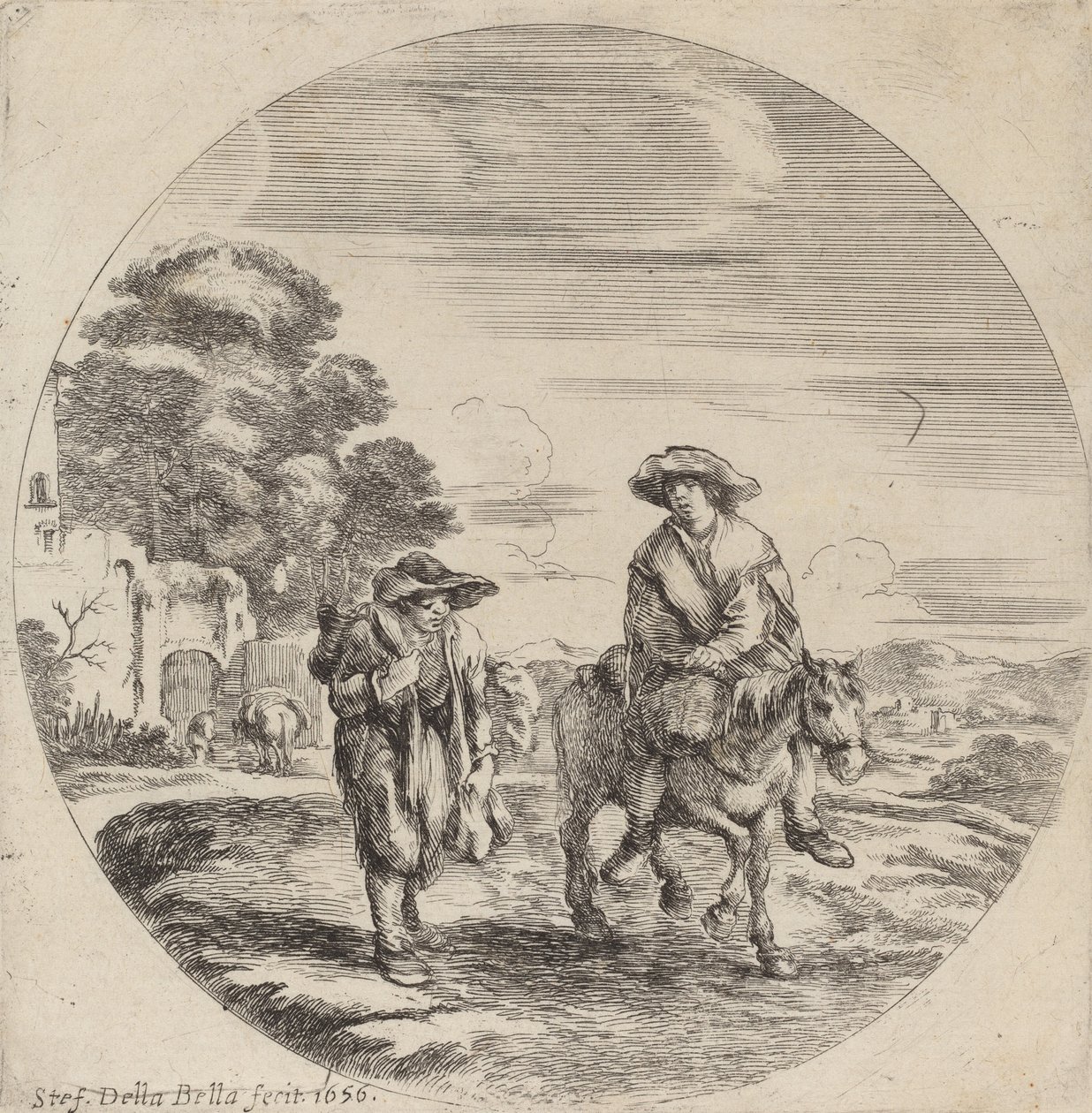 Två bönder som reser i ett landskap, 1656. av Stefano della Bella