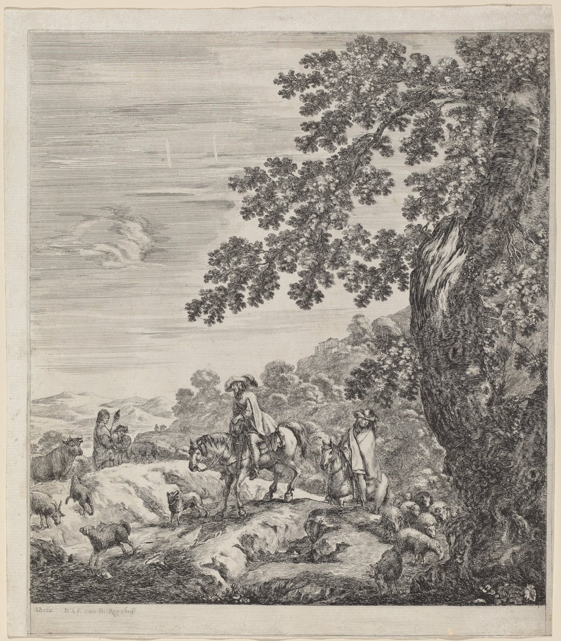 Två ryttare som passerar nära en flock djur, 1656. av Stefano della Bella