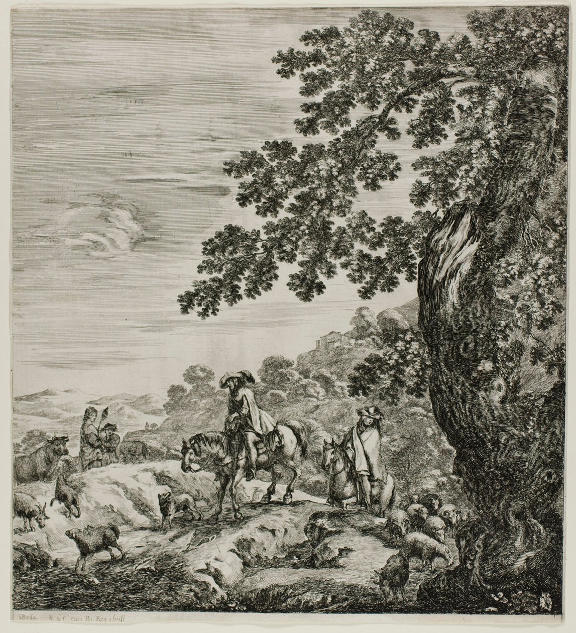 Två ryttare som passerar en flock, tallrik fem från The Six Large Views of Rome and the Campagna av Stefano della Bella