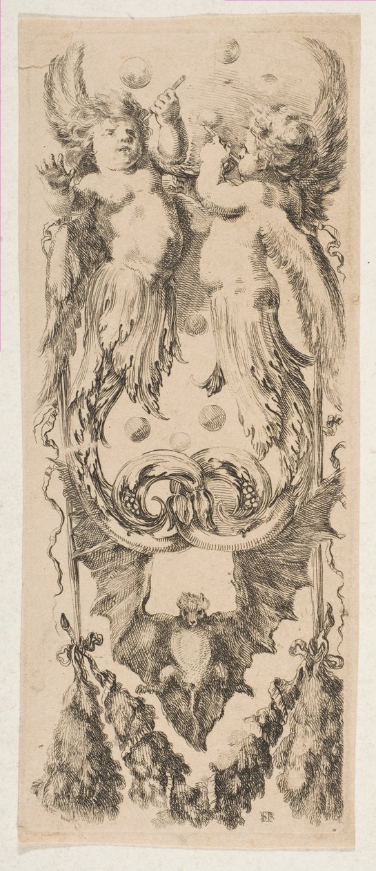 Två bevingade barn med kroppar som förvandlas till prydnad Blåsande bubblor, ca. 1653. av Stefano della Bella