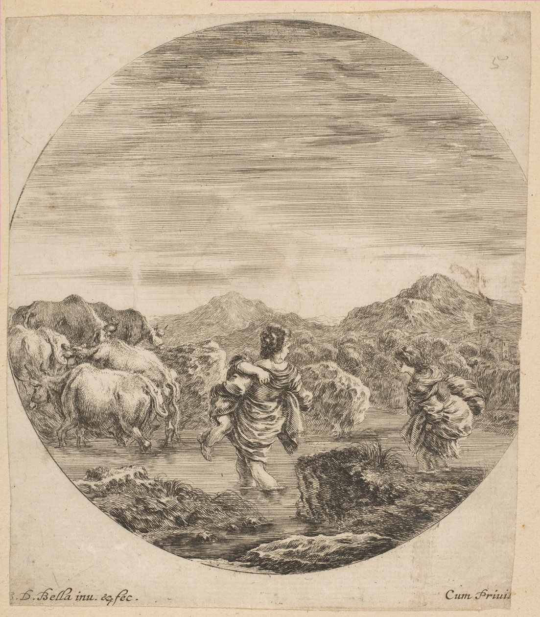 Två kvinnor som korsar en bäck, ca. 1646. av Stefano della Bella