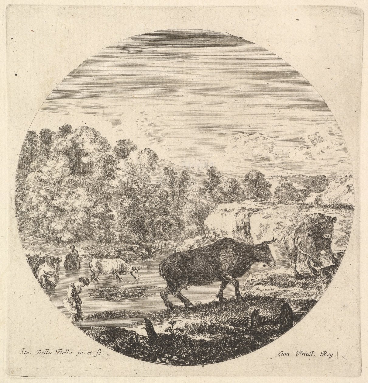 Två kor i centrum, följt av två bondkvinnor och andra kor i floden till..., ca. 1643-48. av Stefano della Bella