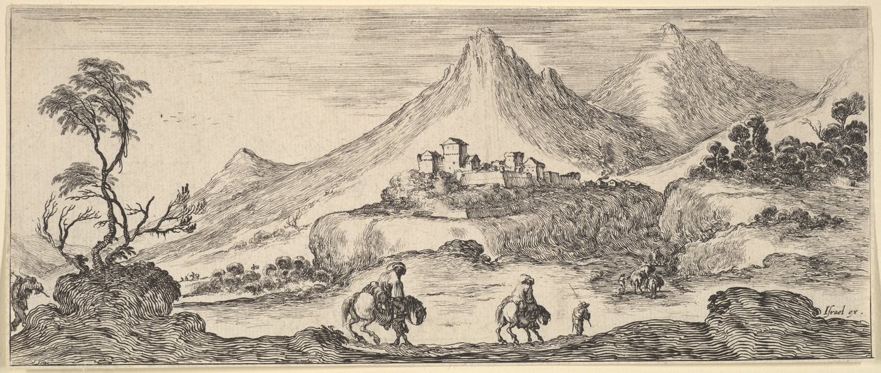 Två ryttare går ner för en kulle i centrum, efter en annan man till fots, ett slott i ..., ca. 1641. av Stefano della Bella