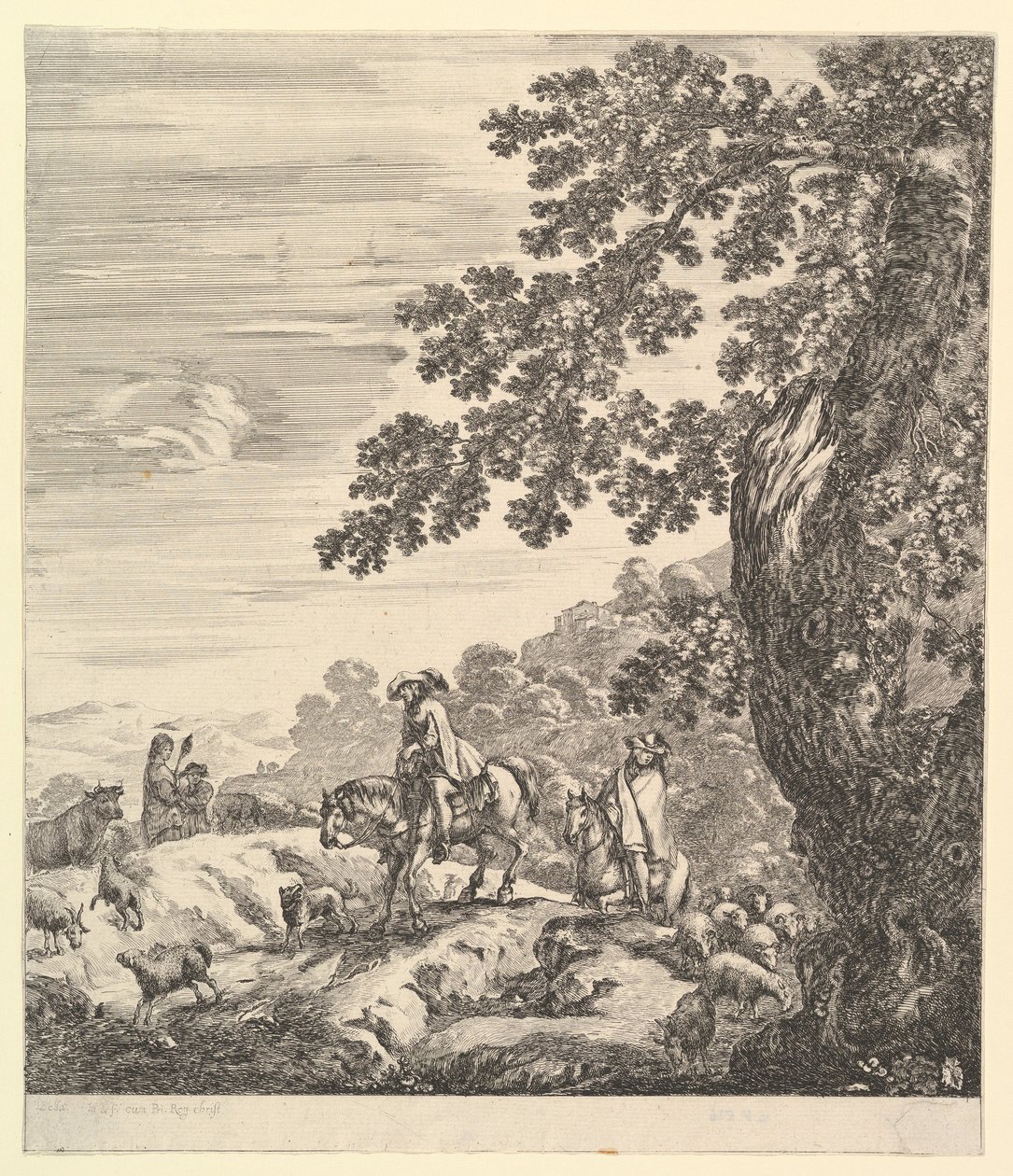 Två ryttare passerar en flock, ridande åt vänster, en bondkvinna och en ung pojke till..., ca. 1656. av Stefano della Bella