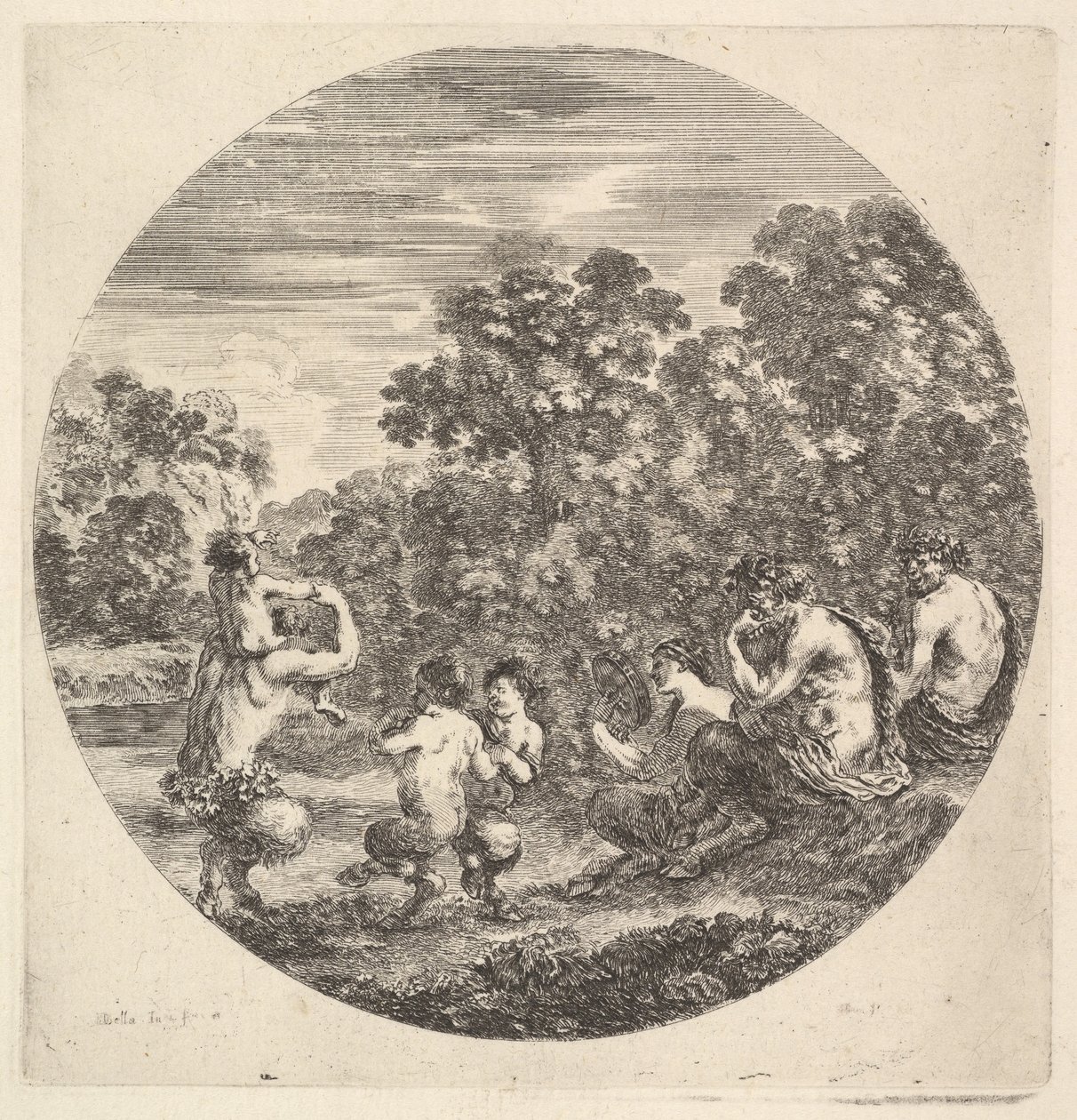 Två satyrer och en faun sitter till höger och tittar på två barnsatyrer och en annan satyr med..., ca. 1643-48. av Stefano della Bella