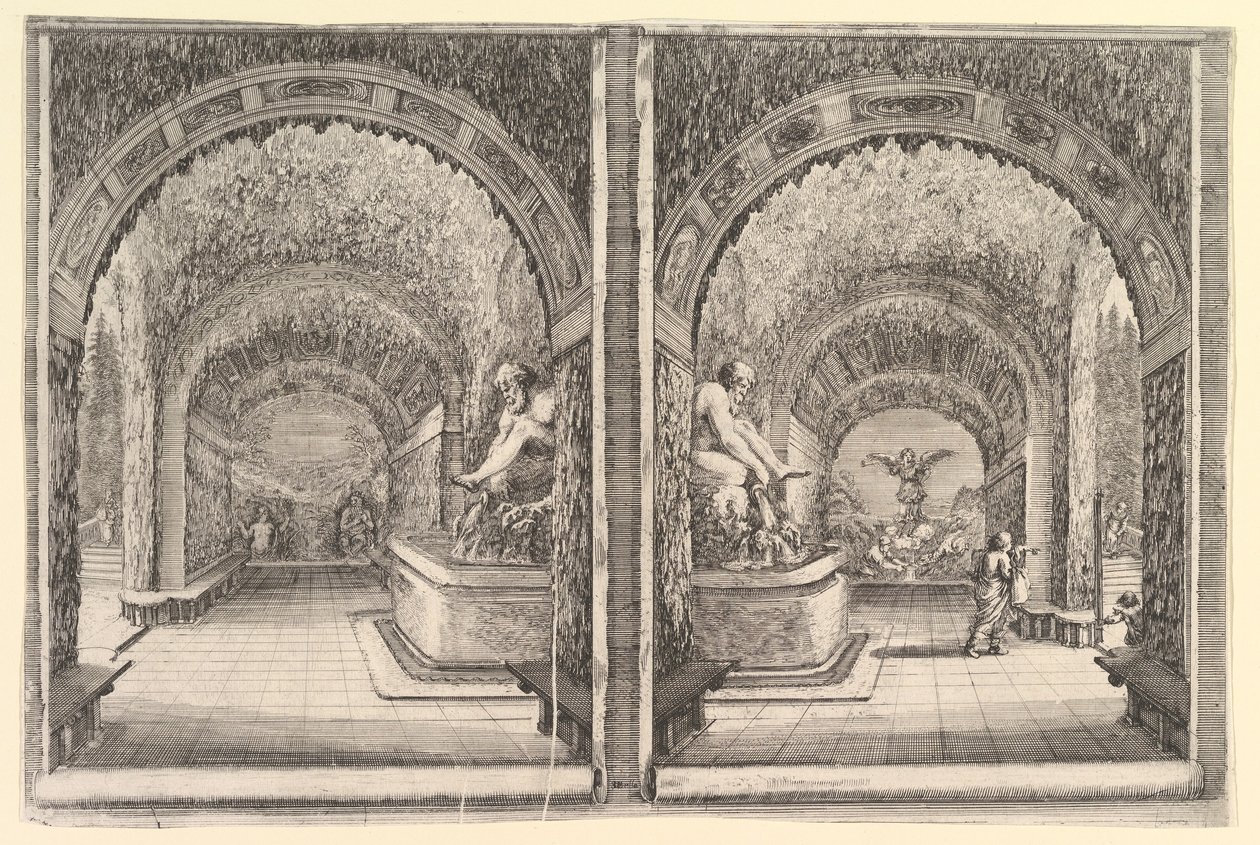 Två vyer av en grotta, båda vyer med en fontän med en sittande staty, sett från ..., ca. 1653. av Stefano della Bella
