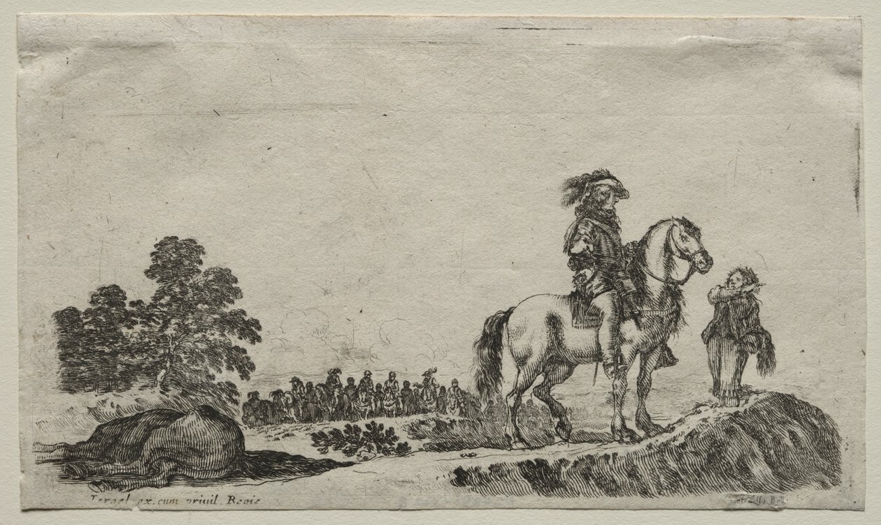 Olika figurer och landskap: A Lost Horseman Inquiring the Way, 1649. av Stefano della Bella
