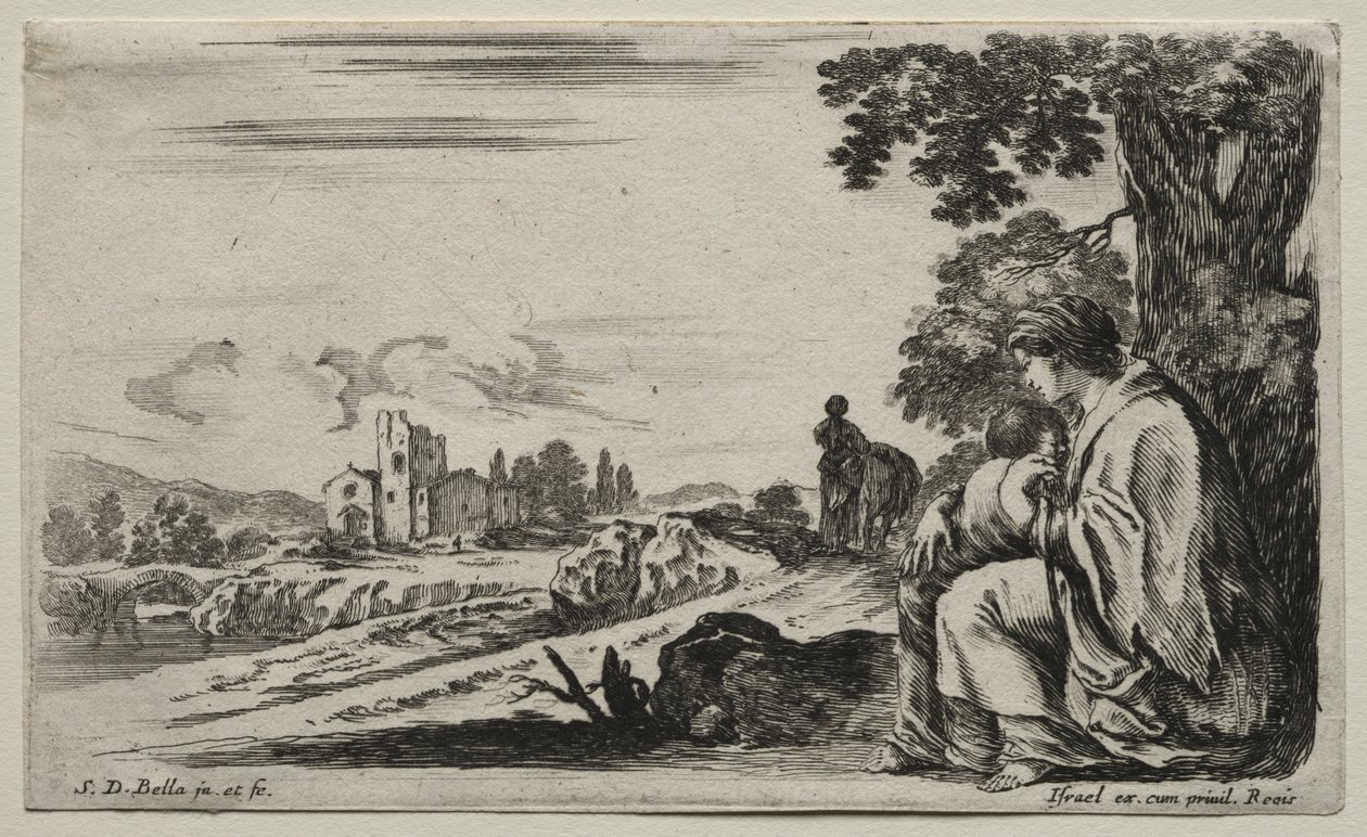 Olika figurer och landskap: En fattig sjuksköterska som sitter under ett träd, 1649. av Stefano della Bella