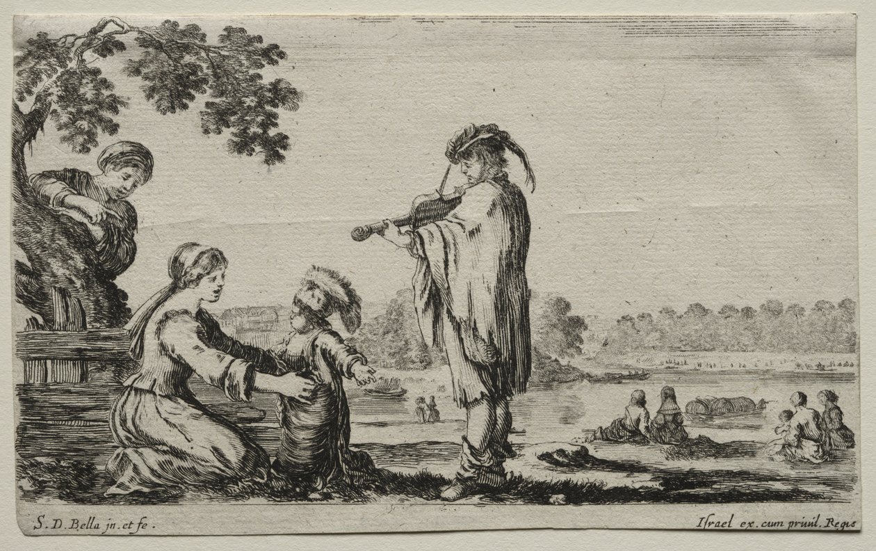Olika figurer och landskap: En violinspelare, 1649. av Stefano della Bella