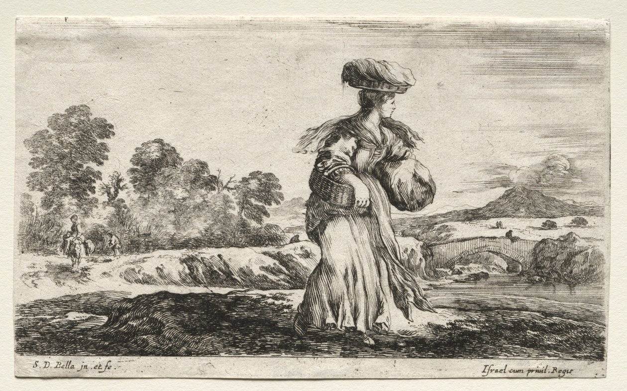Olika figurer och landskap: Bondekvinna som bär en korg på huvudet, 1649. av Stefano della Bella