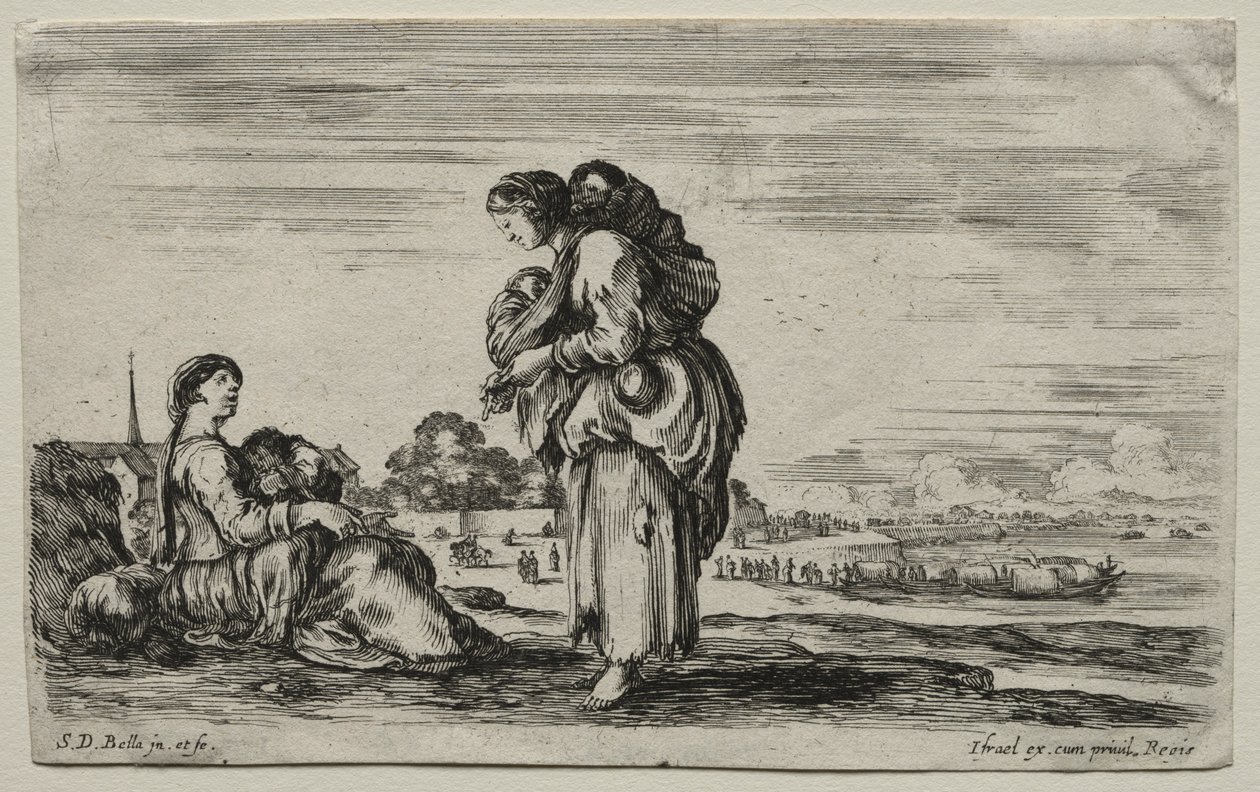 Olika figurer och landskap: Två mödrar som chattar tillsammans, 1649. av Stefano della Bella