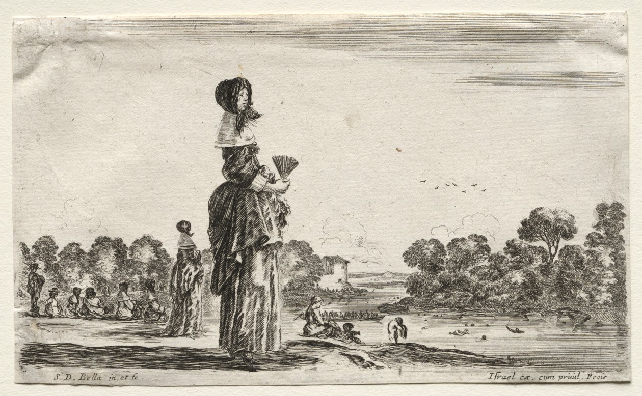 Olika figurer och landskap: Kvinnor som tittar på badande längs en flod, 1649. av Stefano della Bella