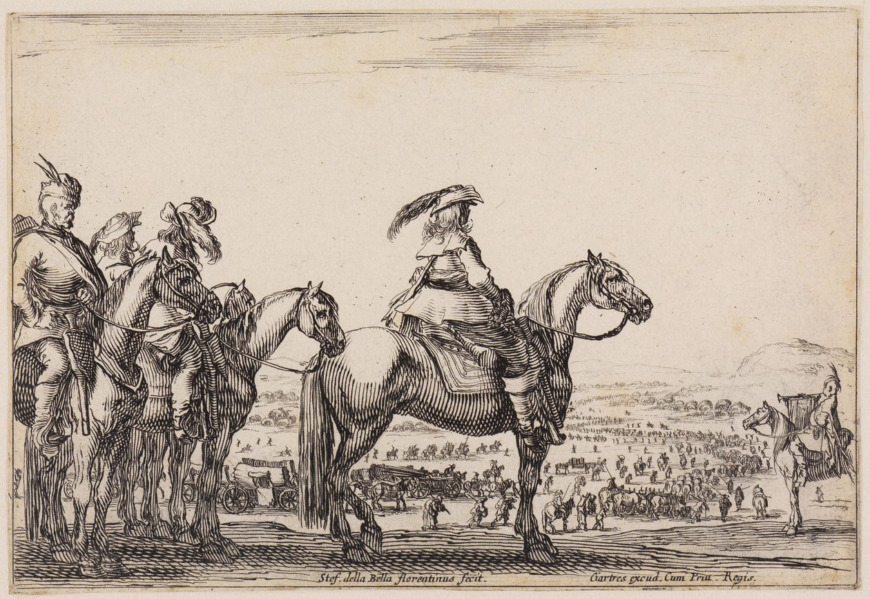 Olika figurer (Varie figure): Armé på marsch på slätten. På höjden i förgrunden befälhavaren och hans följeslagare, till höger trumpetaren av Stefano della Bella