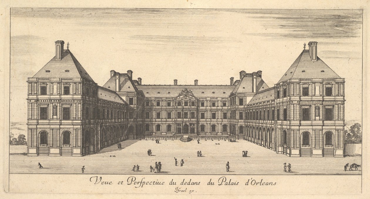 Utsikt och perspektiv på insidan av Palais dOrleans, från olika vyer av rema..., 1649-51. av Stefano della Bella