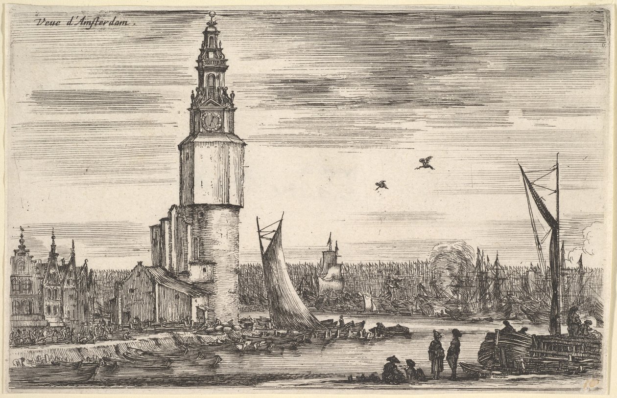 Utsikt över Amsterdam Vue dAmsterdam, ett torn och hus till vänster, män som står på piren ..., 1647. av Stefano della Bella