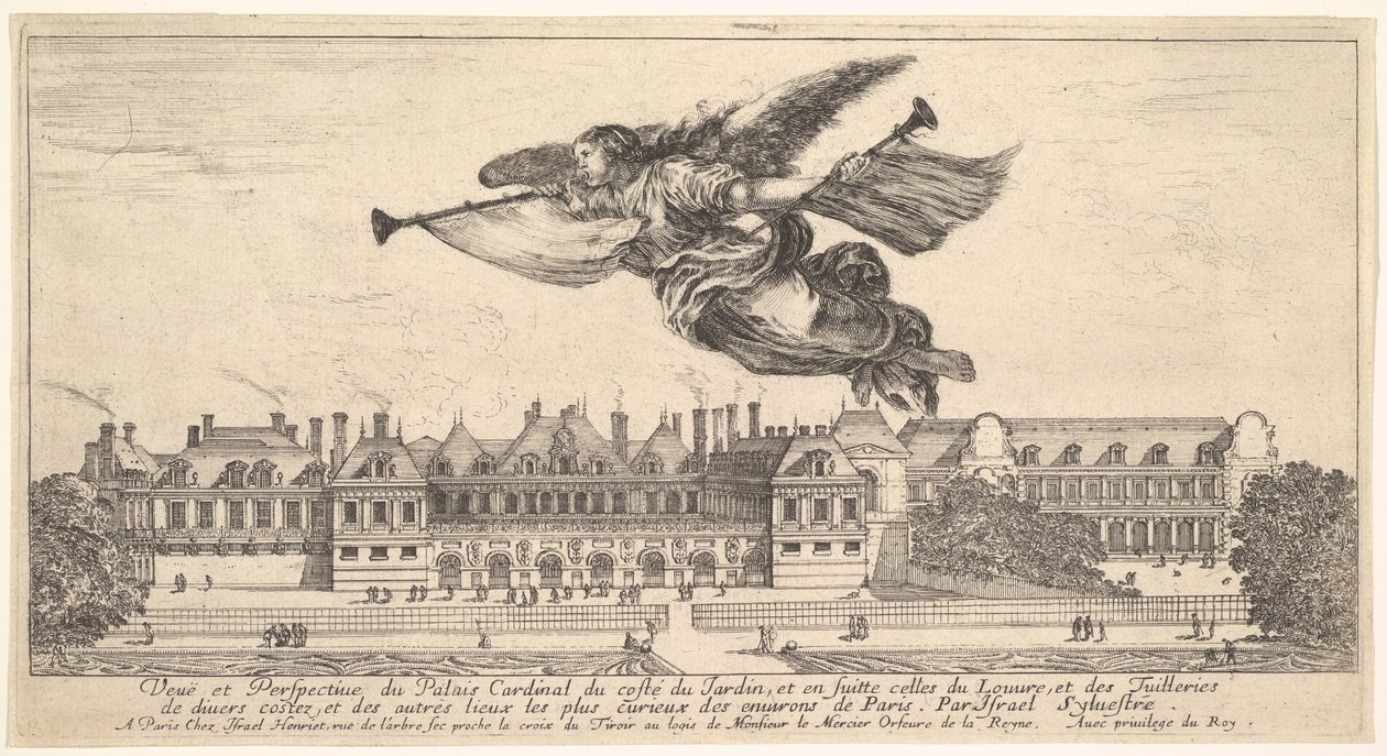 Vy över Palais Cardinal, berömmelsesfiguren högst upp i mitten flygande mot vänster a..., 1649-51. av Stefano della Bella