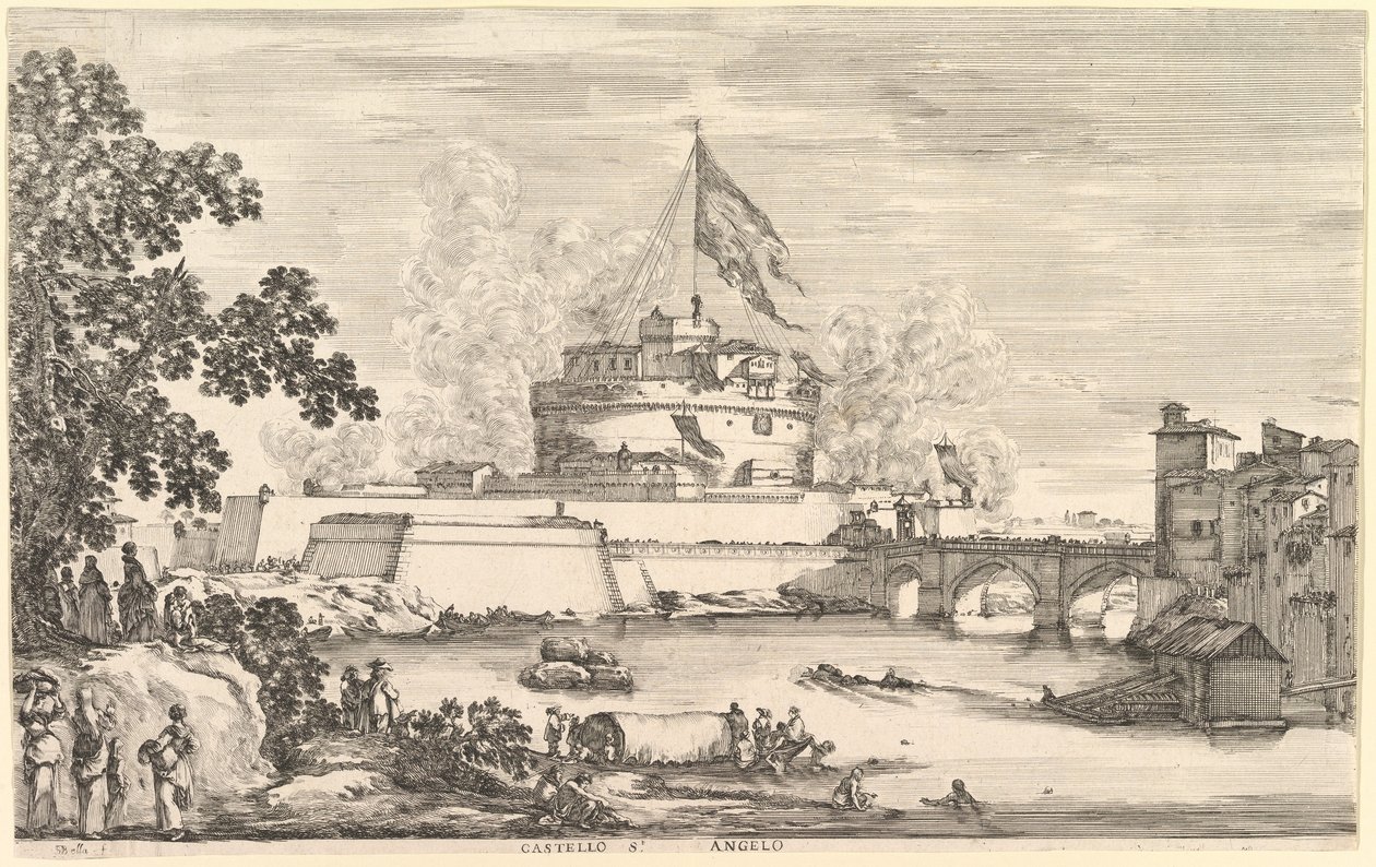 Utsikt över floden Tibern, ett stort träd till vänster, två grupper av kvinnor till vänster i förgrunden..., ca. 1656. av Stefano della Bella