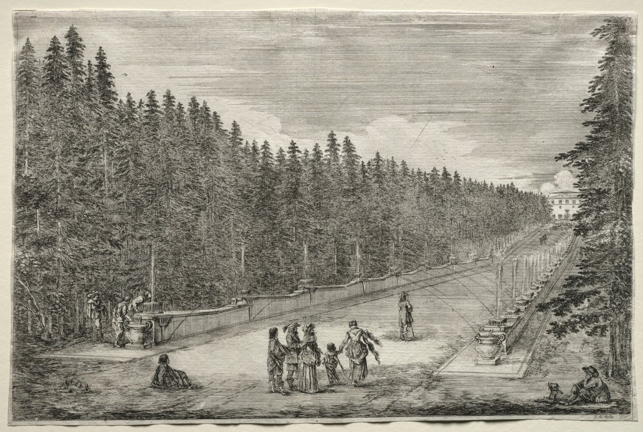 Utsikt över Villa Pratolino: The Promenade of the Fountains. av Stefano della Bella