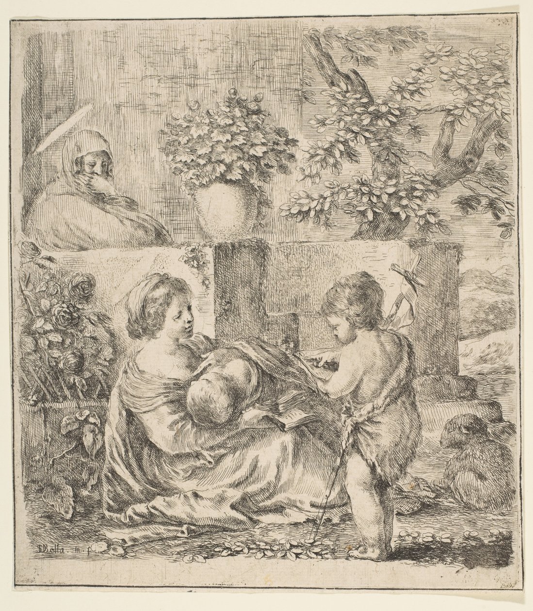 Jungfru och barn med St. Johannes Döparen och St. Elizabeth, ca. 1641. av Stefano della Bella