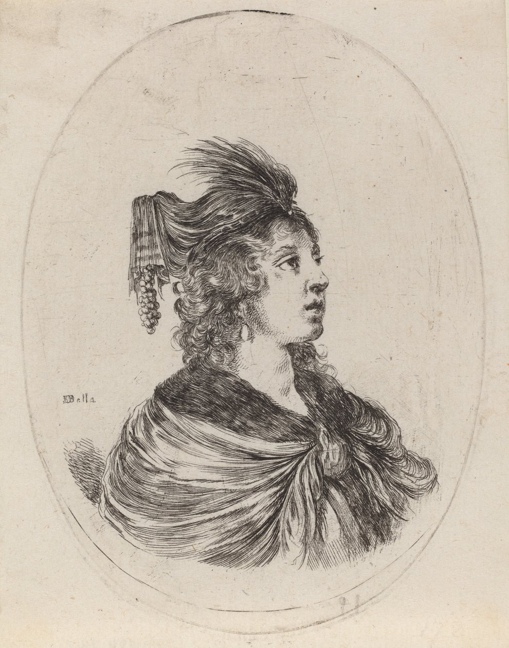 Kvinna i fjäderturban, högervänd, 16491650. av Stefano della Bella